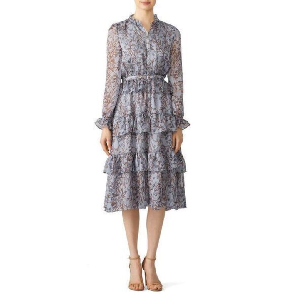 SLATE & WILLOW Blue Floral Chiffon Tiered Longsleeves Dress MEDIUM